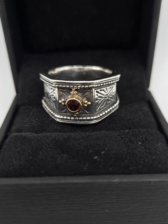 Gerochristo Jewelry - Gerochristo Sterling & 18k Wide Tapered Band Ring With Garnet Size 6.5